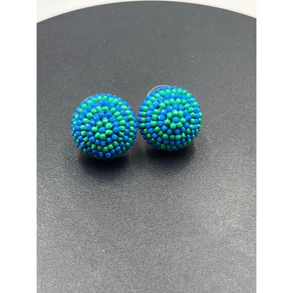 J. Crew Blue Green Seed Beaded Small Round Button Stud Earrings - Picture 8 of 8
